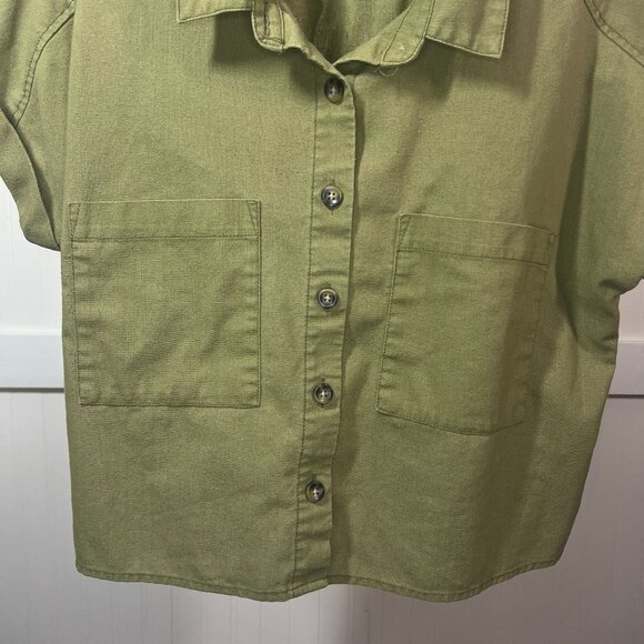 Indigo Rising Women's Green Linen Blend Cropped Boxy Button Up Shirt Blouse Top - Picture 5 of 8